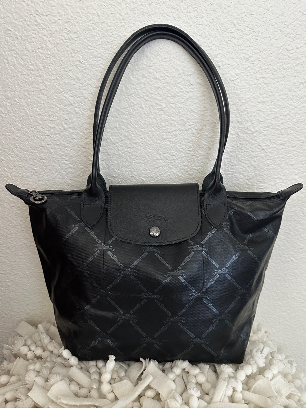LONGCHAMP Le Pliage S Coated Canvas Horse Pattern Tote Bag Black Small